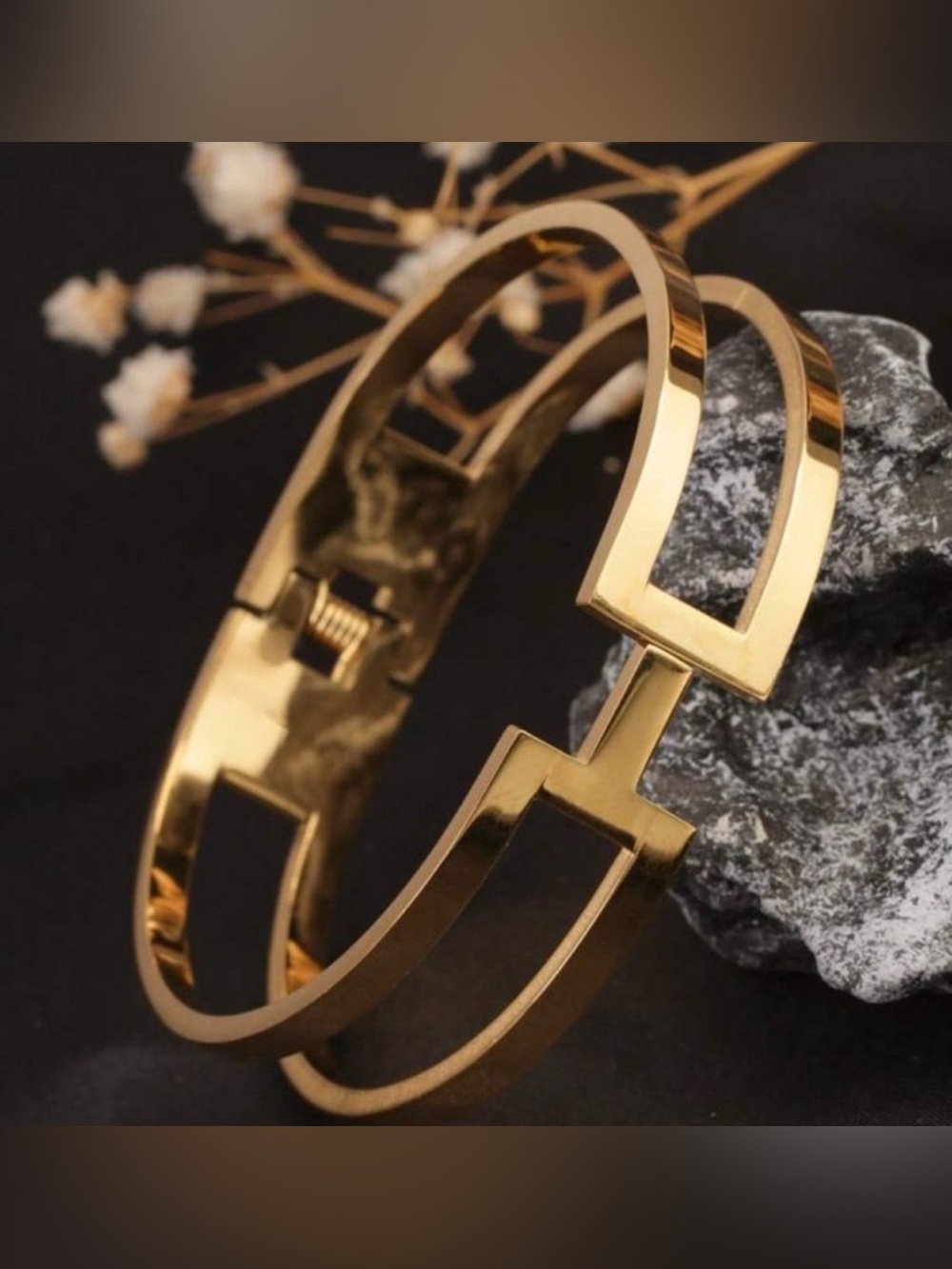 18K Gold Plated Geometric Open Bangle Bracelet | Minimalist Statement Cuff